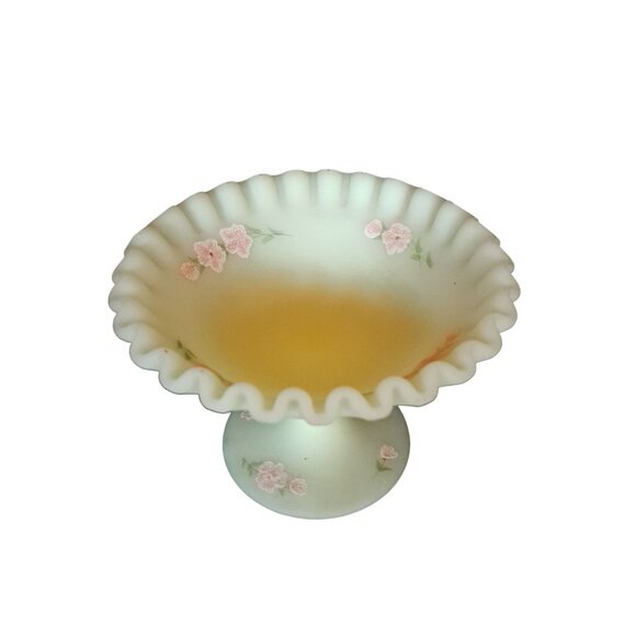 Fenton Scalloped Edge Custard Glass Pedestal Hand Painted Pink Roses Compote - Picture 2 of 16
